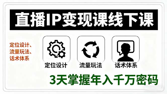 直播IP变现课线下课，定位设计、流量玩法、话术体系，3天掌握年入千万密码-拾涧工坊