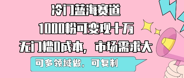 冷门蓝海赛道，1000粉可变现十W，无门槛0成本，市场需求大，可多领域做，可复制性强-拾涧工坊
