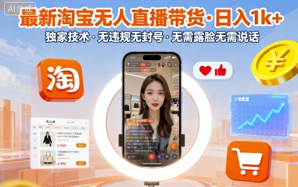 最新淘宝无人直播带货，日入1k+，独家技术，无违规无封号，无需露脸无需说话【揭秘】-拾涧工坊