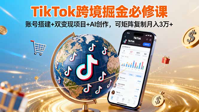 TikTo跨境掘金必修课，账号搭建+双变现项目+AI创作，可矩阵复制月入3万+-拾涧工坊