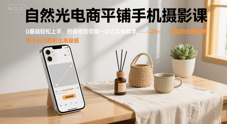 自然光电商平铺手机摄影课，0基础轻松上手，拍摄修图剪辑一站式实操教学，用手机也能拍出高级感-拾涧工坊