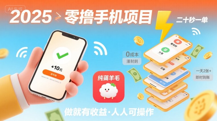 2025年零撸手机项目，二十秒一单，纯薅羊毛 一天2张+做就有-拾涧工坊