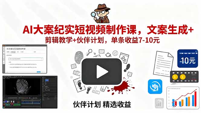 AI大案纪实短视频制作课，文案生成+剪辑教学+伙伴计划，单条收益7-10元-拾涧工坊