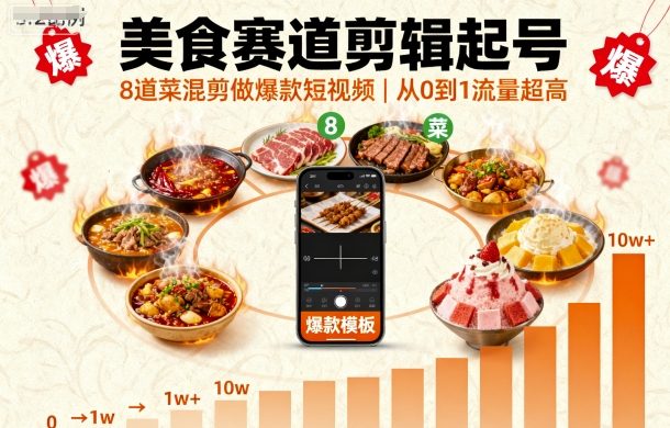 美食赛道剪辑起号，8道菜混剪做爆款短视频，从0到1，流量超高-拾涧工坊