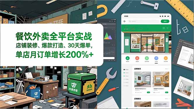 餐饮外卖全平台实战，店铺装修、爆款打造、30天爆单，手把手教学，单店月订单增长200%+-拾涧工坊