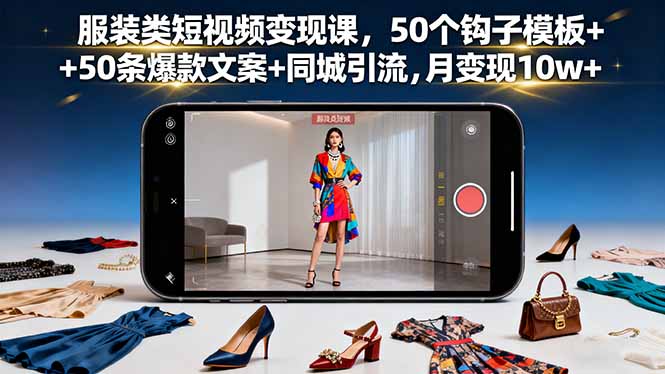服装类短视频变现课，50个钩子模板+50条爆款文案+同城引流，月变现10w+-拾涧工坊