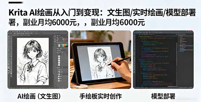 Krita AI绘画从入门到变现：文生图/实时绘画/模型部署，副业月均6000元-拾涧工坊