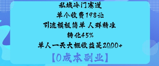 私域冷门赛道:单个收费198米引流模板简单人群精准转化45%单人一天大概收益是1k+-拾涧工坊
