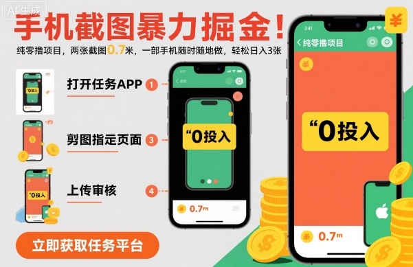 手机截图暴力掘金，两张截图0.7米，一部手机就能做，轻松日入3张【揭秘】-拾涧工坊