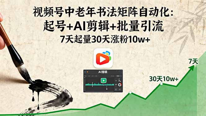 视频号中老年书法矩阵自动化：起号+AI剪辑+批量引流 7天起量30天涨粉10w+-拾涧工坊