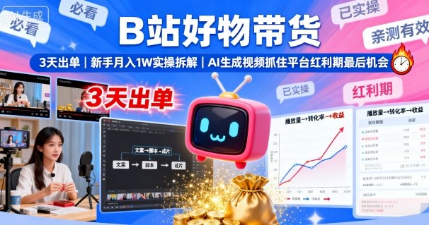 B站好物带货，3天出单，新手月入1W实操拆解，AI生成视频，抓住平台红利期最后机会-拾涧工坊