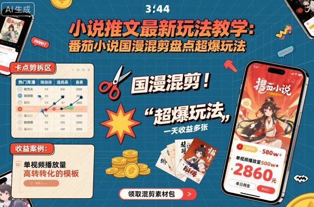 小说推文最新玩法教学，番茄小说国漫混剪盘点超爆玩法，全程干货，一天收益多张-拾涧工坊