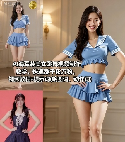 AI海军装美女跳舞视频制作教学，快速涨千粉万粉，视频教程+提示词(绘图词、动作词)-拾涧工坊