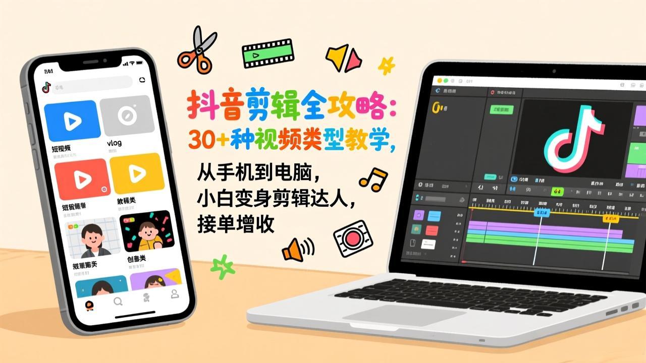 抖音剪辑全攻略：30+种视频类型教学，从手机到电脑，小白变身剪辑达人，接单增收-拾涧工坊