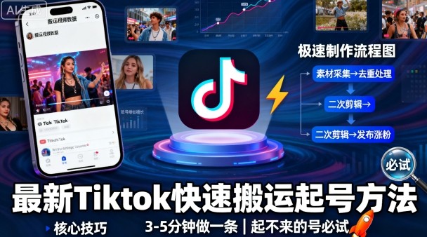 最新Tiktok快速搬运快速起号方法，3-5分钟做一条，起不来的号可以试试-拾涧工坊
