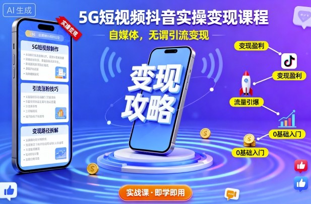 5G短视频抖音实操变现课程，自媒体，无谓引流变现-拾涧工坊