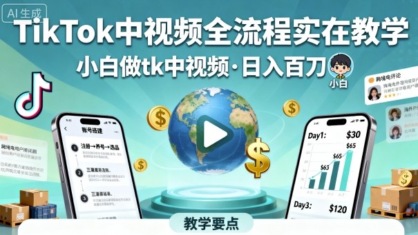 TikTok中视频全流程实操教学，小白做tk中视频，日入百刀-拾涧工坊