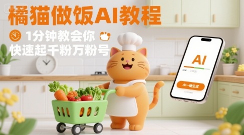 有趣的橘猫买菜做饭视频，用AI一键搞定，1分钟教会你，快速起千粉万粉号-拾涧工坊