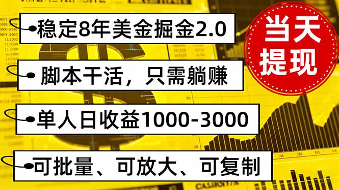 稳定8年美金掘金2.0脚本干活，只需躺赚。单人日收益1000-3000可批量、…-拾涧工坊