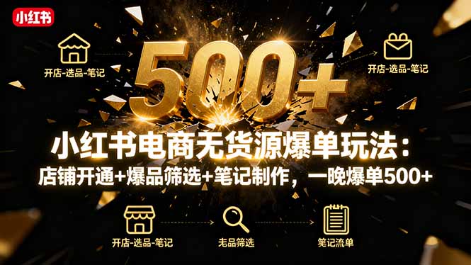 小红书电商无货源爆单玩法：店铺开通+爆品筛选+笔记制作，一晚爆单500+-拾涧工坊