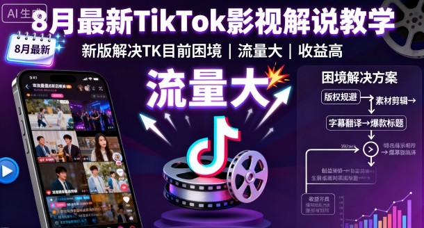 8月最新TikTok影视解说教学，新版解决TK目前困境，流量大，收益高-拾涧工坊