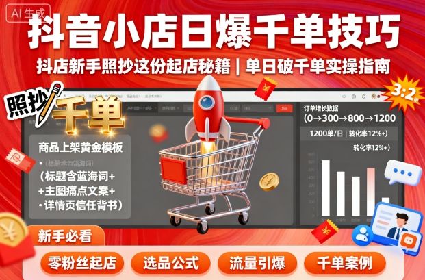 抖音小店日爆千单技巧，抖店新手照抄这份起店秘籍，单日破千单-拾涧工坊