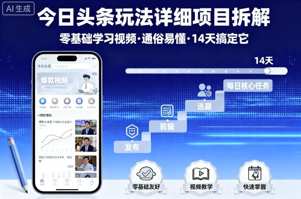 今日头条玩法详细项目拆解，零基础学习视频 通俗易懂 14天搞定它-拾涧工坊