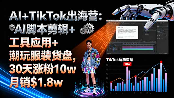 AI+TikTok出海营:AI脚本剪辑+工具应用+潮玩服装货盘,30天涨粉10w月销$1.8w-拾涧工坊