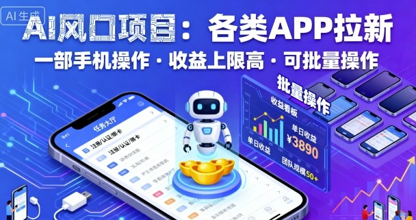 AI风口项目，各类APP拉新，一部手机就可以操作，收益上限高，可批量操作-拾涧工坊