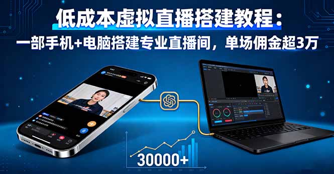 低成本虚拟直播搭建教程：一部手机+电脑搭建专业直播间，单场佣金超3万-拾涧工坊
