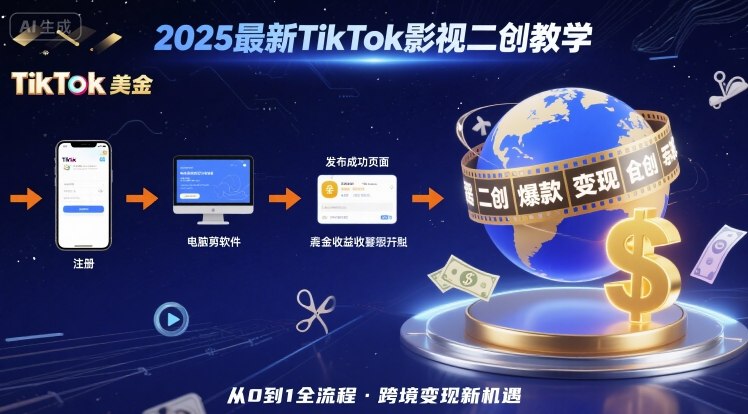 2025年最新TikTok影视二创教学，从注册到发布撸美金全流程，跨境变现新机遇-拾涧工坊