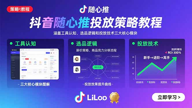抖音随心推投放策略教程：涵盖工具认知、选品逻辑和投放技术三大核心模块-拾涧工坊